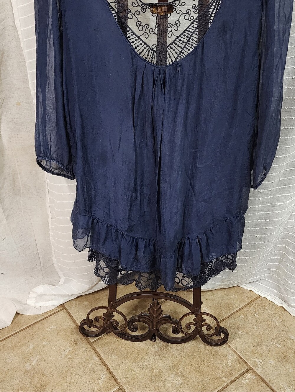 Amanti Sheer Silk Navy Boho Peasant Ruffle Blouse Embroidered Made In Italy Sz M